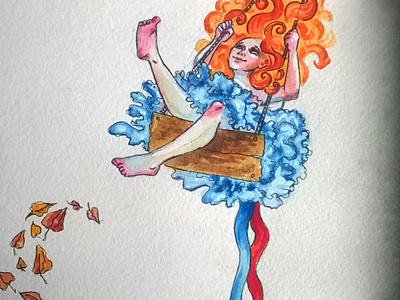 Swing fall ginger girl hair illusration watercolor