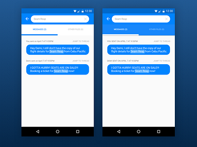 Search Results In Conversation Messenger app design attach file attachment conversations messenger mobile app search search bar tabs ui design user interface ux design