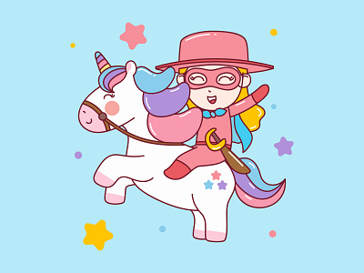 Unicorn and Girl Illustration art cartoon character children cute girl illustration kid masked ride sword unicorn vector