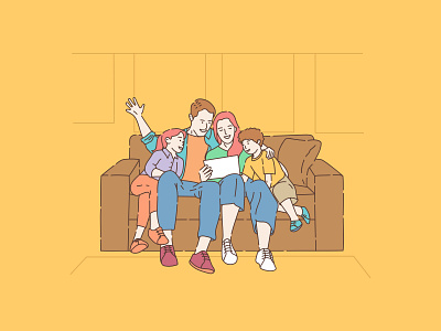 Family Watching Movie in the Sofa cartoon chair character children colorful cute draw family flat illustration kids mascot vector watching