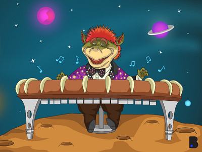 Alien Playing Piano in the Moon alien animal art cartoon character cute draw flat illustration mascot monster music piano playing ufo vector