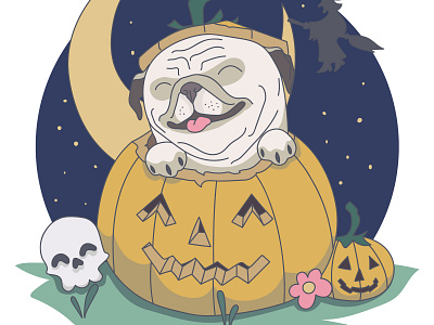 Pug out of Pumpkin adorable animal breed bulldog canine cartoon character costume cute dog fashion funny halloween illustration party pedigree pet pug puppy vector
