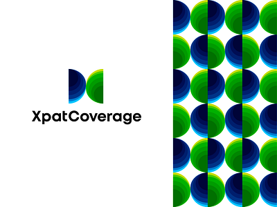 Xpat Coverage logo: X + C letters + globe sides branding c colorful corporate pattern coverage expatriates expats global globe insurance insurtech letter mark monogram logo logo design logo designer medical modern people planet earth x