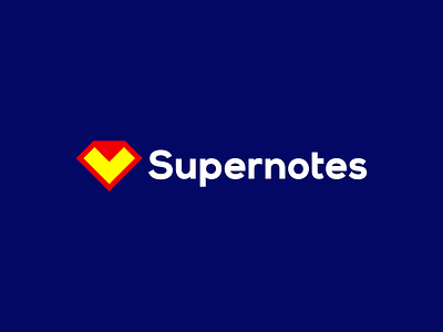Supernotes logo: Superman diamond + folded note checkmark collaboration create diamond digital exchange folded logo logo design logodesigner logomark note notes paper podcasts super superhero superheroes superman supernotes
