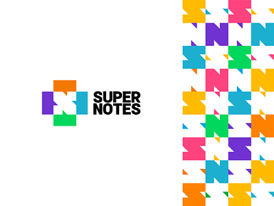 Super Notes logo: S + N letters in negative space + chat boxes box bubble chat collaboration colorful corporate pattern create exchange letter mark monogram logo logo design logomark modern n negative space notes podcast s speech super