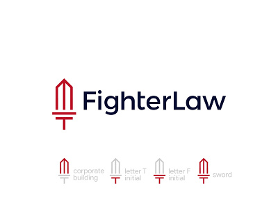 Fighter Law, law firm logo design: sword, building, FT letters