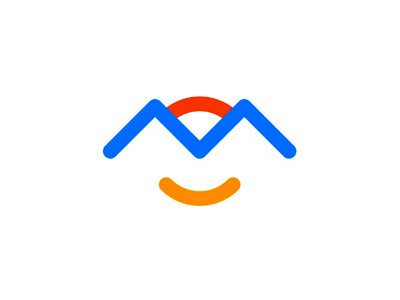 M, mountains, waves, sun, face, smile, logo design symbol