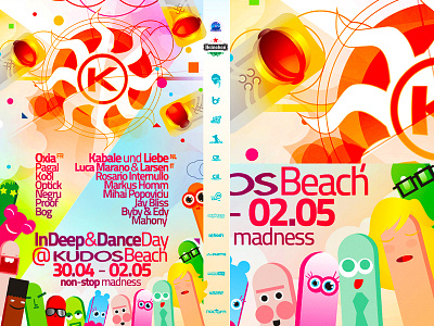 Summer season opening electronic music party flyer poster design astronauts cosmonauts spaceman beach bar terrace clubbing scene colorful fun design edm electronic dance music fun funny people illustrations party event poster design print design sun