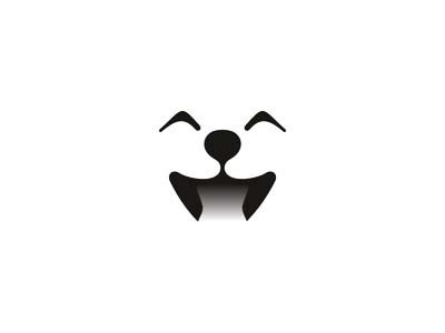 Cute dog smiling happy logo design symbol dog food foster home house happy logo logo design negative space pets lovers puppy shelter smile tongue