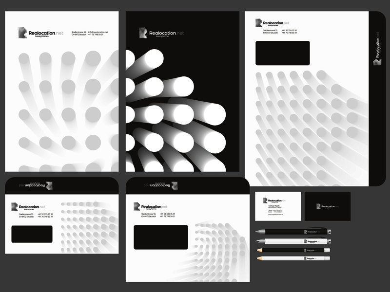 Realocation, luxury homes logo, stationery, identity design real estate branding identity design stationery design letter mark monogram r dots circles points flat 2d geometric vector icon mark symbol logo design logo luxury homes
