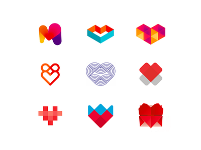 Hearts logo design symbols collection colorful dating flat 2d geometric heart hearts letter mark monogram logo logo design love lovely m passion v vector icon mark symbol