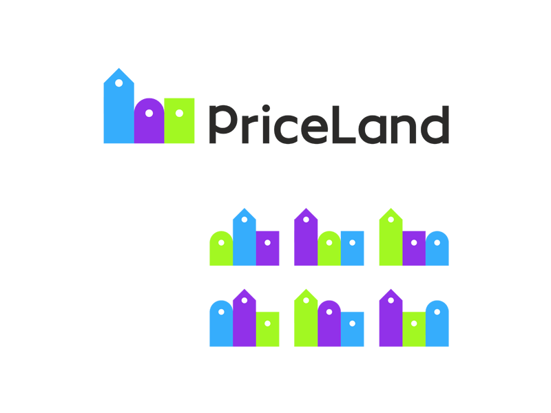 Priceland: price tags + buildings, dynamic logo design brand identity branding building buildings city town colorful creative flat 2d geometric homes houses label tags labels logo design logo for sale price tag real estate shop shopping skyline startups start up start-up saas vector icon mark symbol