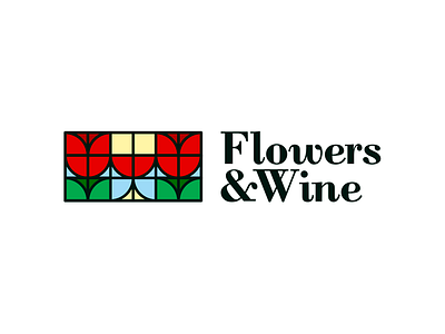 Flowers & Wine logo design brand identity branding creative custom type flat 2d geometric flower shop flower shop flowers flowershop glass logo logo design negative space stained glass windows tulips vector icon mark symbol wine bar