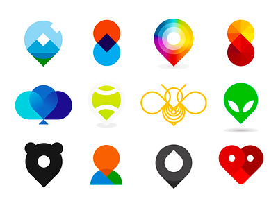 Pin pointers icons / logo design symbols collection bear brand identity branding colorful creative drip drop droplet flat 2d geometric geotag geotagging google map maps honey bee human people location logo love heart mountain nature natural oil gas station person silhouette pin pointer pin pointers tennis sports club