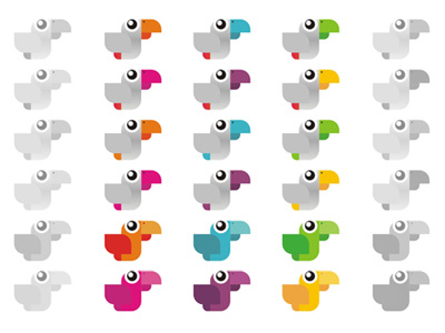 Witty Parrot logo design color variations for sub-branding