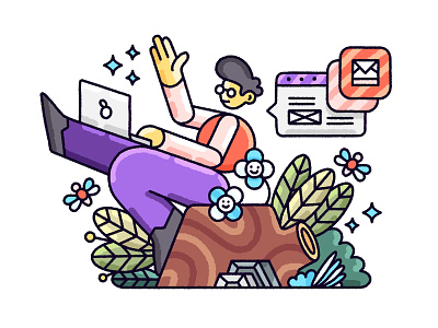 Working Remotely illustration laptop man outdoors plants remote remote work stump working
