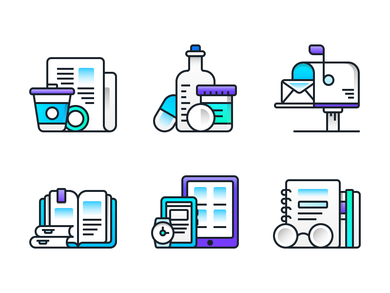 Icon Style V1 notebook devices books postboox medicines news flat line icons