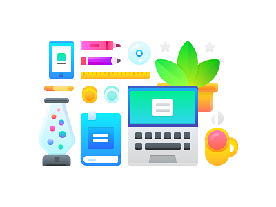 Work Desk Illustration book coin cup disk flat icon illustration laptop pencil plant smartphone