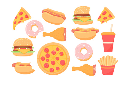 Fast food set. Collection of street food. Pizza, burger, hot dog sausage