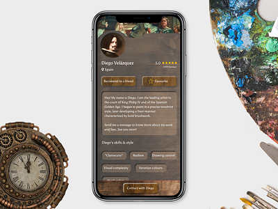User Profile 006 art art direction colors dailyui design app design art diego velazquez original painter retro skeumorph skeumorphic skeumorphism timetravel ui uiux velazquez vintage