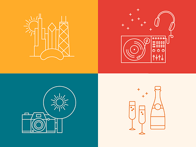 Party Time camera champagne chicago dj flash icon illustration linear linework record player skyline vector