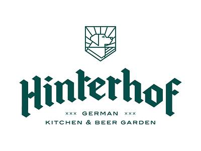 Hinterhof Identity v2 beer garden blackletter brand dog german identity labrador line work logo shield stained glass typography