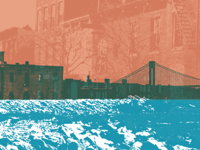 Ride the Hook bridge brooklyn collage contrast halftone hook overlay red water