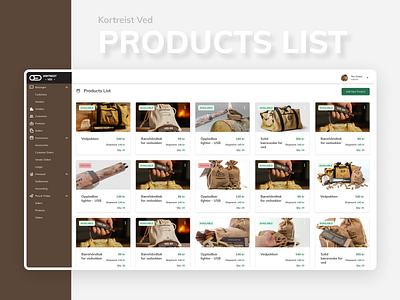 Kortreist Ved. Products List admin admin panel dashboard delivery e commerce firewood interface marketplace norway products sidebar website