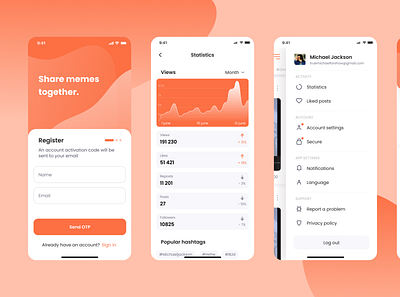 Meme sharing app chart design menu orange profile ui ux дизайн регистрация