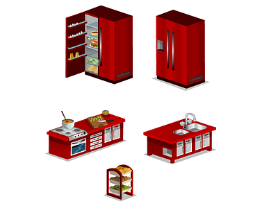 Kitchen Furniture 2d design furniture game illustration isometric red vector