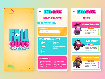 Fall Guys - Companion App blue characters design gradient graphic illustration pink purple skin stats tracker ui yellow