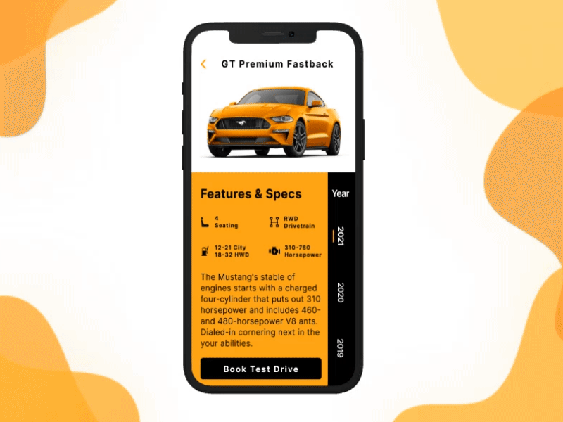 Car Test Drive App 3d animation app book booking car concept design drive gif graphic iphone mockup motion graphics mustang orange test yellow