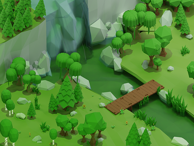 3D Low Poly Forest with Waterfall 3d forest lowpoly waterfall
