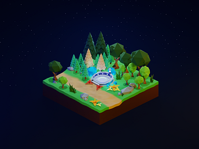 3D Night Forest with Portal Teleport *Remastered 3d 3d modeling crystal forest light lowpoly night portal tree