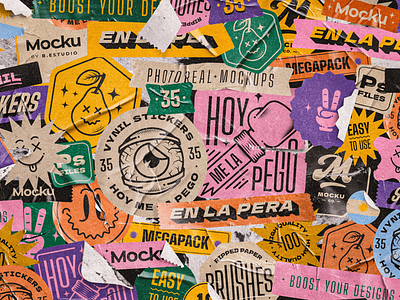 Hoy me la pego · Vynil Stickers Mockup Megapack branding bundle emoji graphic design grunge illustration mock up mockup mockups pack pasteup pear photoshop stickers typography vynil