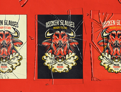 Broken Glasses / Mockups and Textures bull illustration mockup poster red