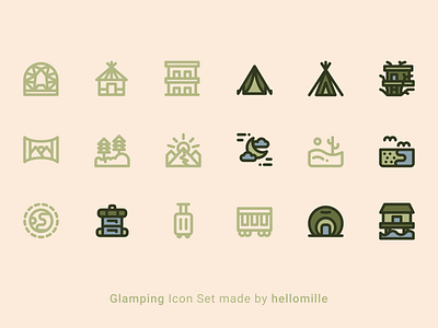 Glamping Icon Set camping design forest glamping holiday hotel icon icon design icon set line icon logo minimal mountain ui vacation vector