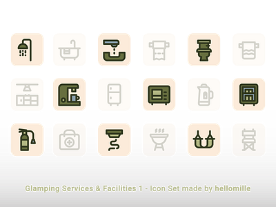 Glamping Services & Facilities 1 - Icon Set camping glamping green hotel icon icon design icon pack icon set line icon minimal vector