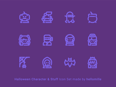 Halloween Character & Stuff - Icon Set boo character cute decoration garland ghost halloween icon design icon pack icon set line icon minimal mummy oktober purple spooky vampire witch wizard zombie