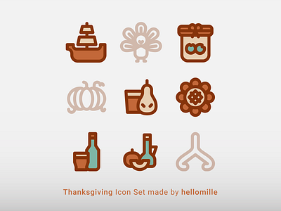 Thanksgiving - Icon Set autumn fall festival flat harvest icon design icon pack icon set line icon logo maple minimal pumpkin pumpkin pie roasted turkey simple thanksgiving turkey ui ux