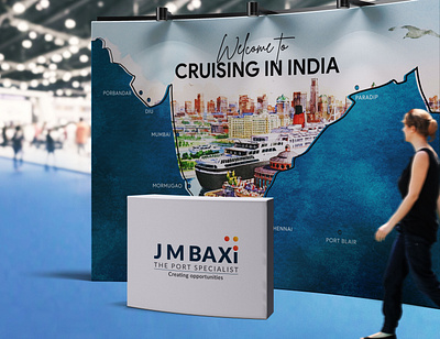 J M Baxi representing India at cruise industry gathering banner branding concept exhibition illustration presentation