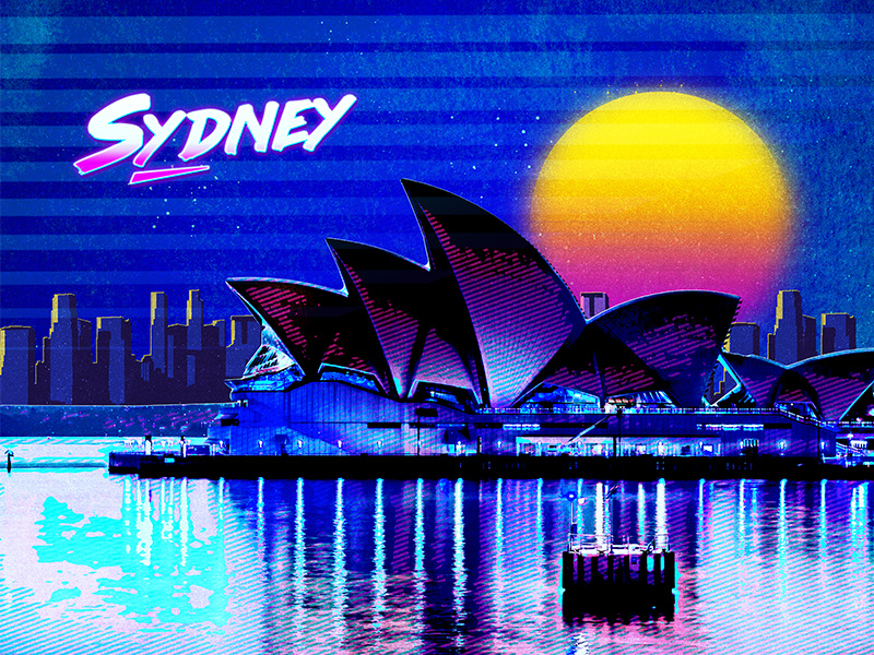 Retro City Poster world australia design abstract sunset neon lights sea neon effect retro poster sydney opera house cityscape city retro concept graphic presentation