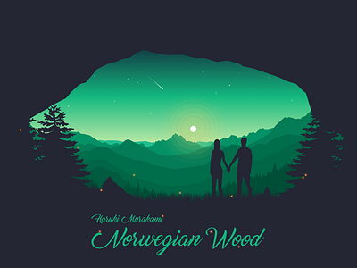 Norwegian Wood forest illustration moon mountains murakami pine shooting star stars sunset trees vector