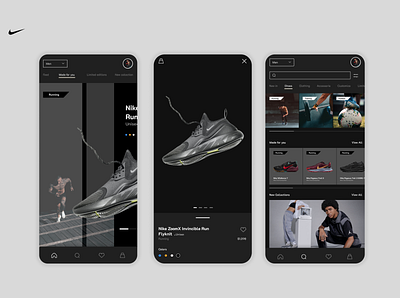 Nike app application branding design illustration logo nike shoes sport sport clothing trainers ui uiux vector webdesign website