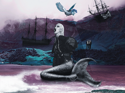 Siren collage dark design illustration mermaid personage ship siren