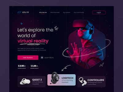 AlfaVR - Virtual Reality Landing Page ar branding connections consept explore future game graphic design home page landing page meta metaverse oculus quest service technology ui virtual reality vr web