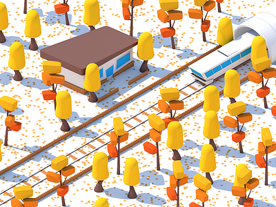 Autumn Colors autumn ground isometric leafs low poly train trees tunel