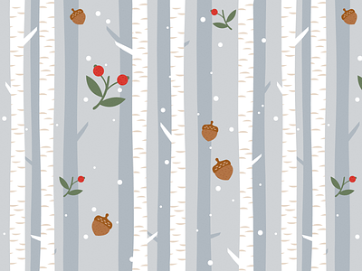 Winter Woodland acorn berries birch illustration snow