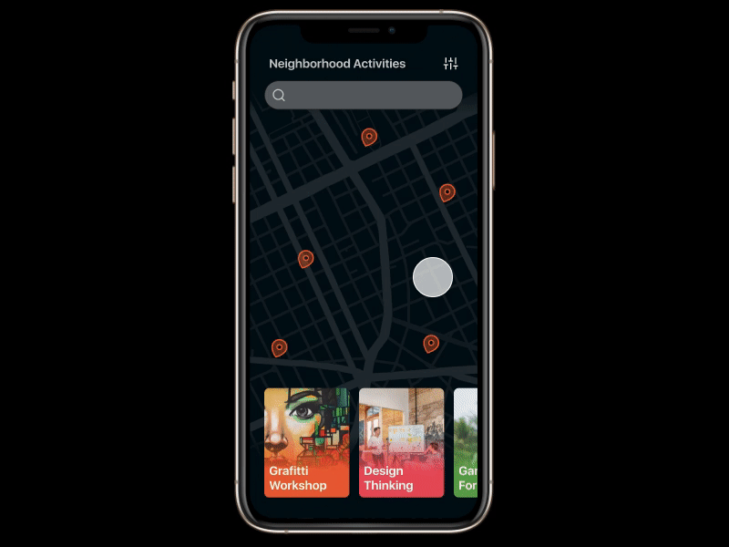 Neighborhood activities app animation app app design dark blue dark mode figma map motion orange ui ux