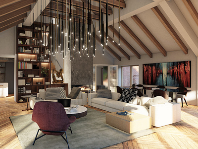 Residence Hradešínská 3d interior interior design loft penthouse study visualization